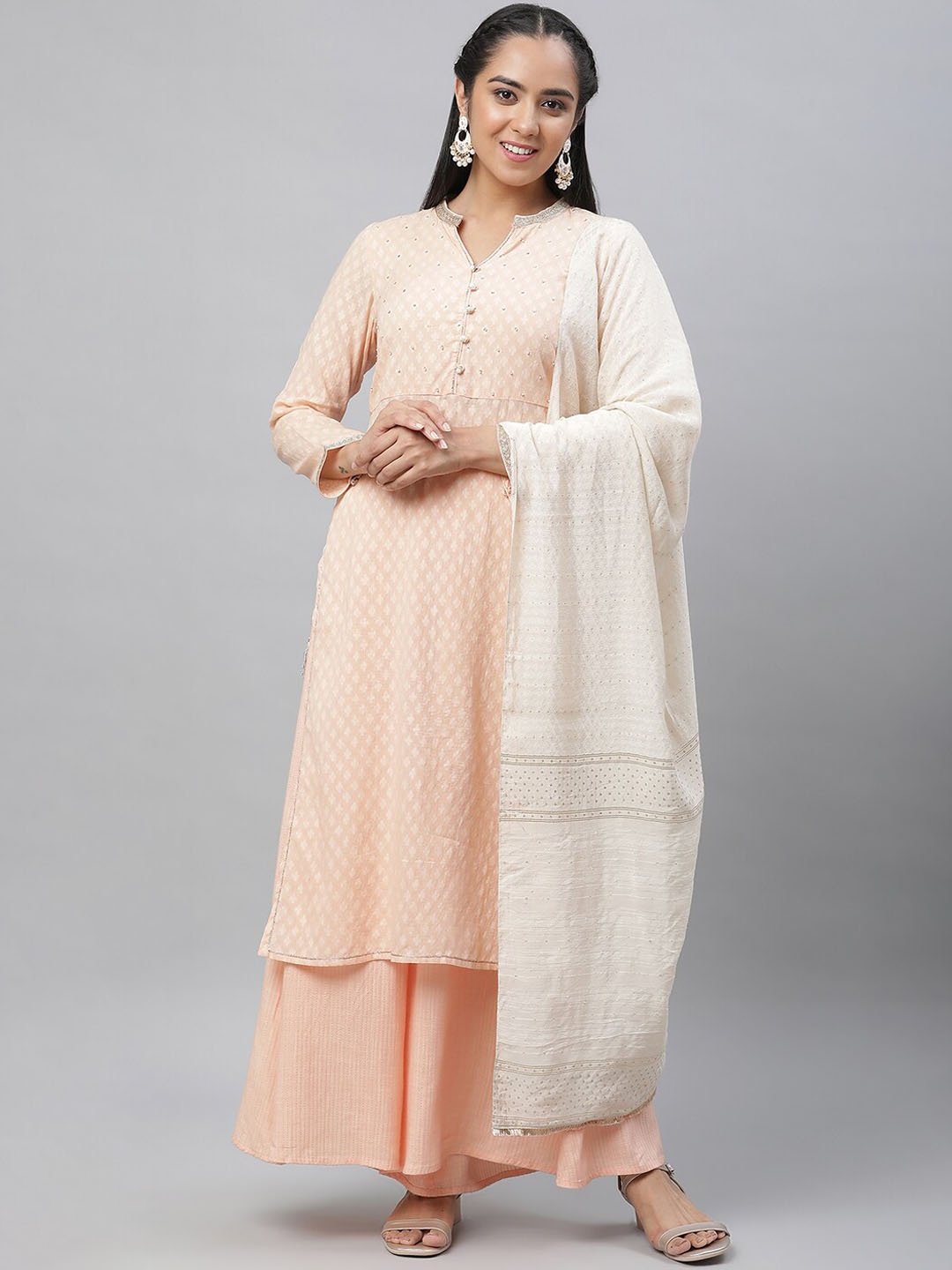 

AURELIA Ethnic Motifs Printed Regular Pure Cotton Kurta With Palazzos & Dupatta, Peach