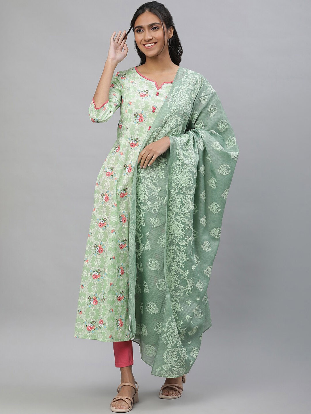 

AURELIA Floral Printed Pure Cotton Kurta With Leggings & Dupatta, Green