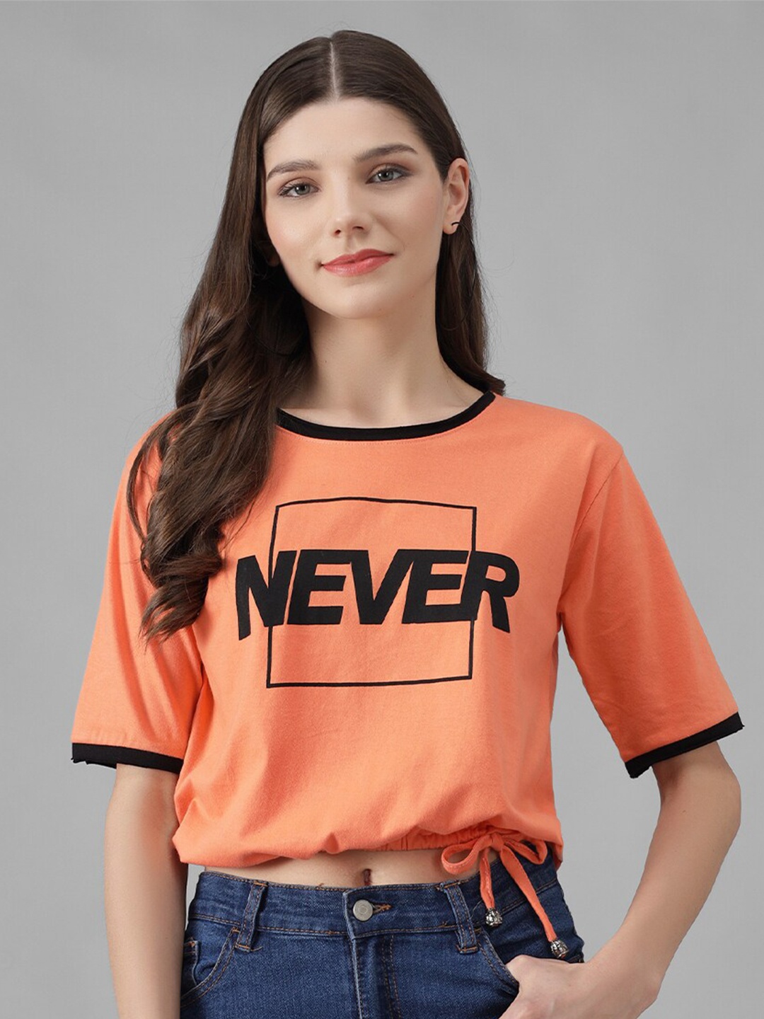 

Viral trend Typography Printed Pure Cotton Crop T-Shirt, Peach