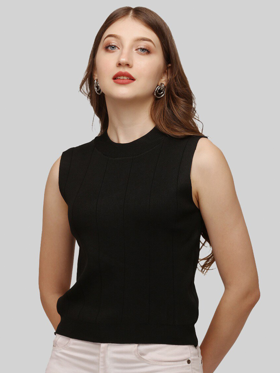 

KeepCart Striped Round Neck Sleeveless Top, Black