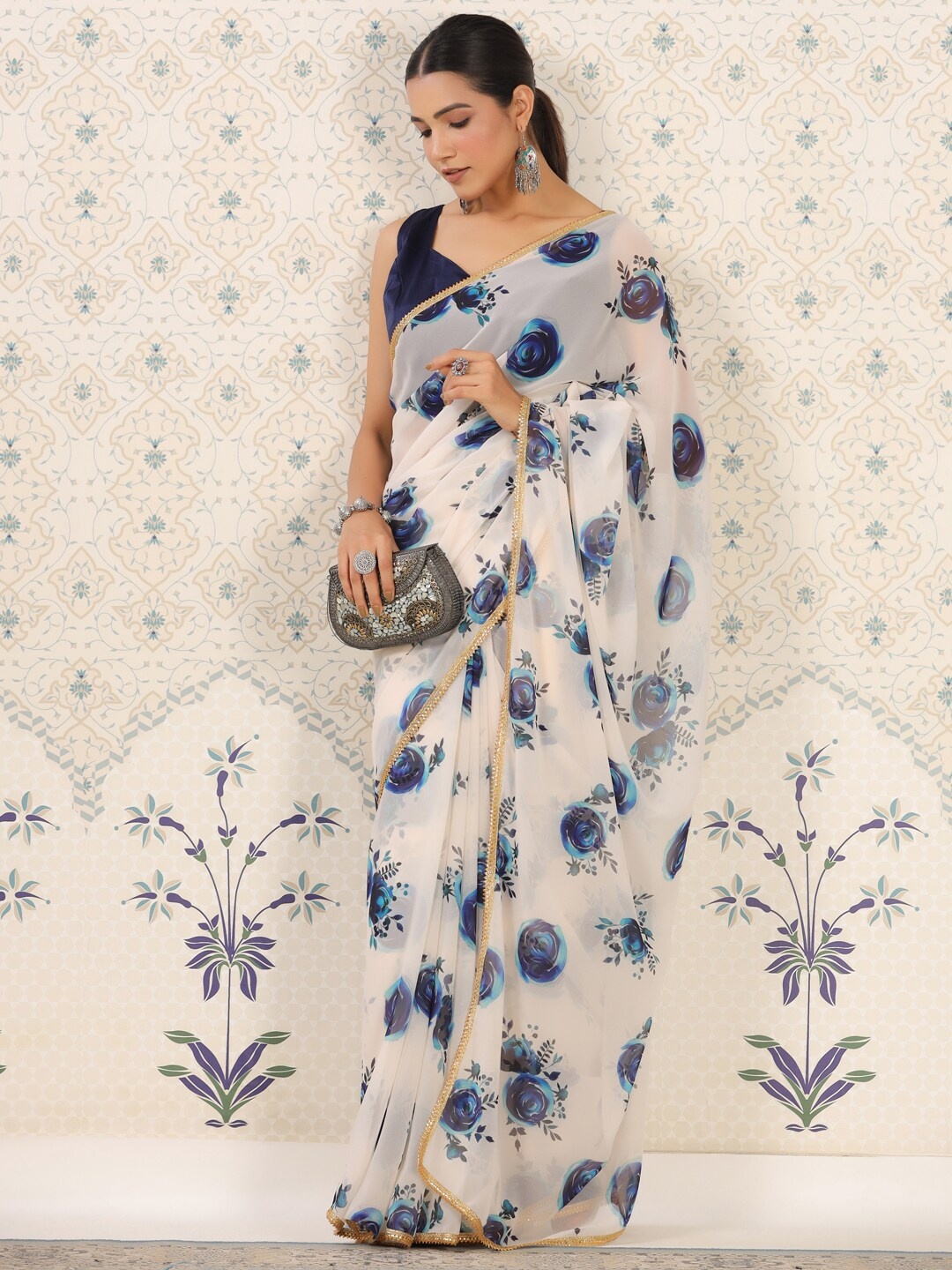 

Ode by House of Pataudi Navy Blue & Blue Floral Printed Gotta Patti Pure Georgette Saree