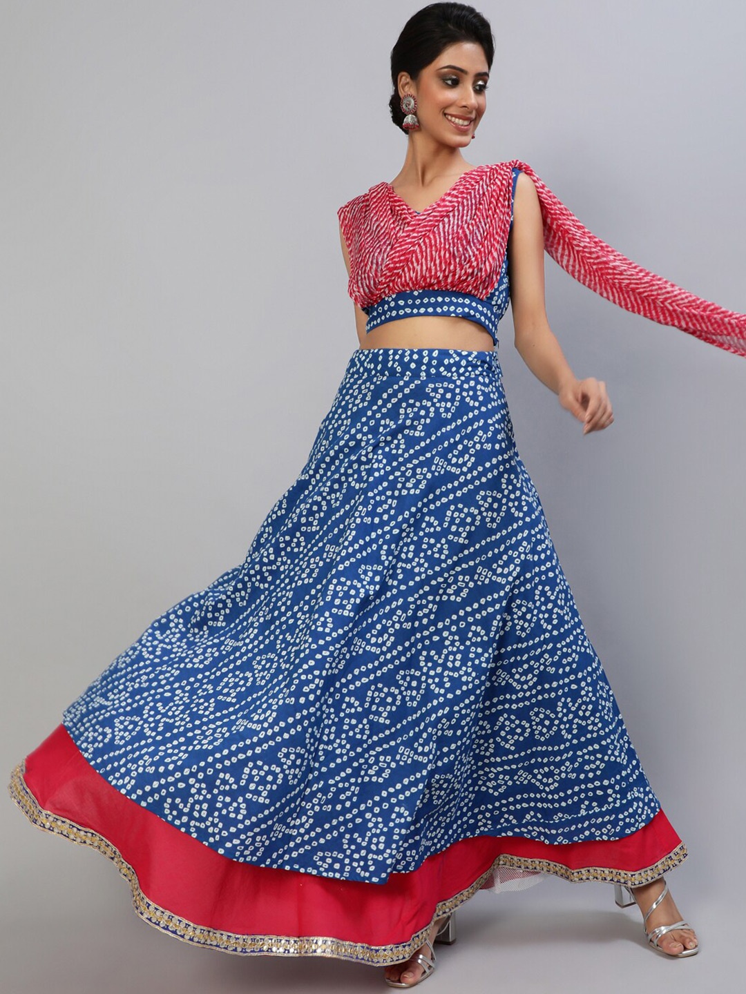 

AKS Blue & Red Printed Ready to Wear Lehenga & Blouse With Dupatta