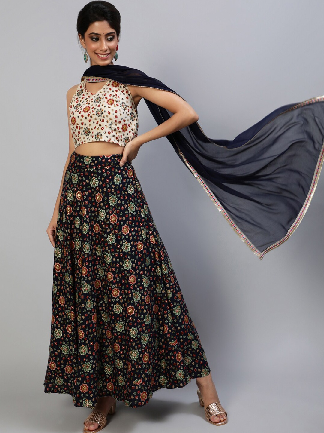 

AKS Navy Blue & White Printed Ready to Wear Lehenga & Blouse With Dupatta