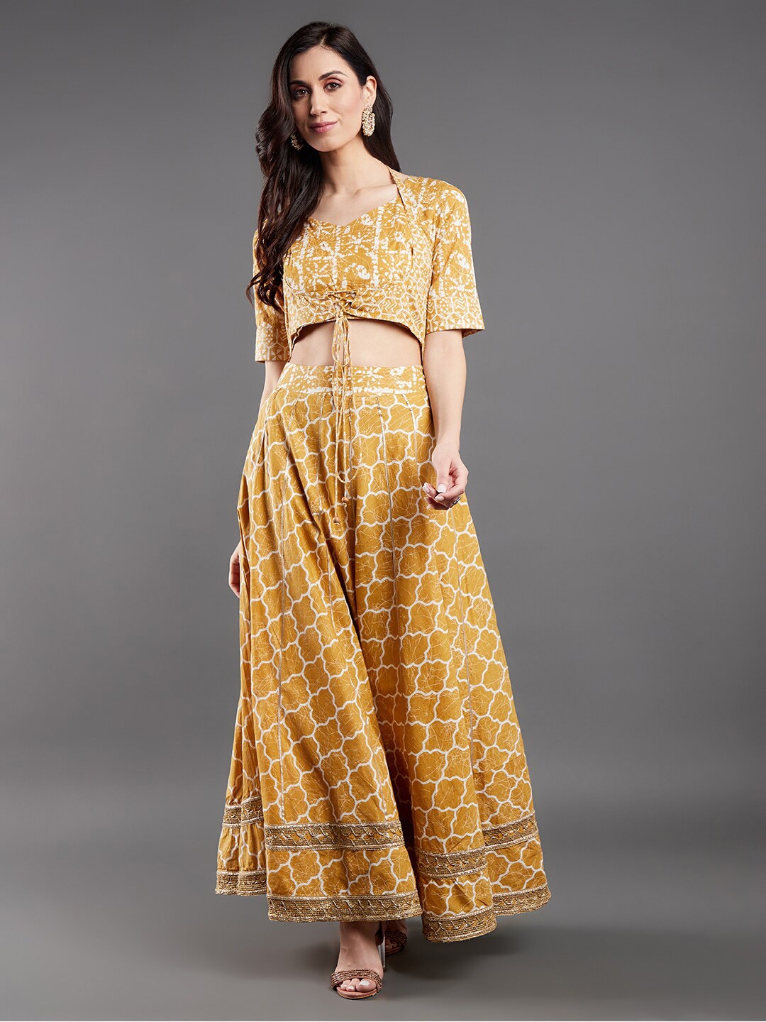 

AKS Mustard & White Printed Ready to Wear Lehenga &