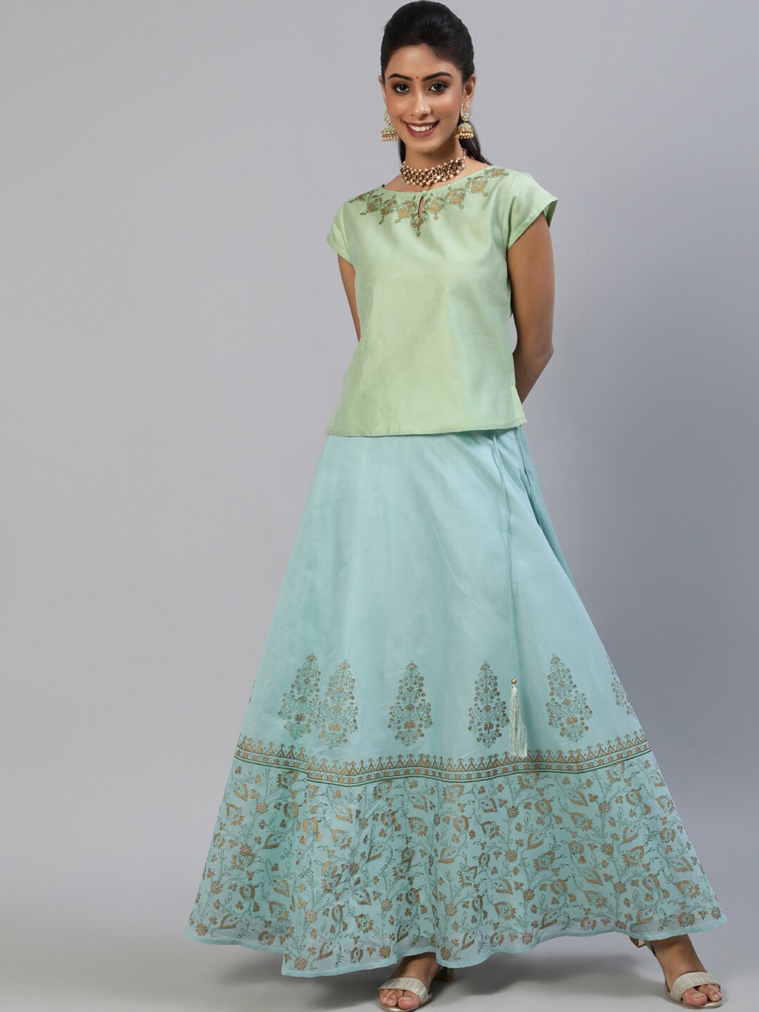 

AKS Blue & Green Printed Foil Print Ready to Wear Lehenga &