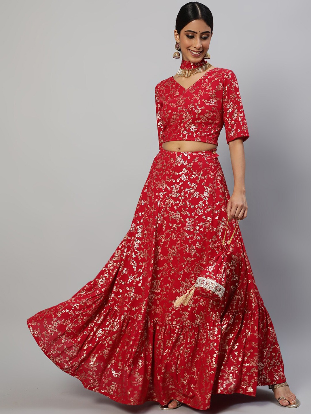 

AKS Red & Gold-Toned Printed Ready to Wear Lehenga &