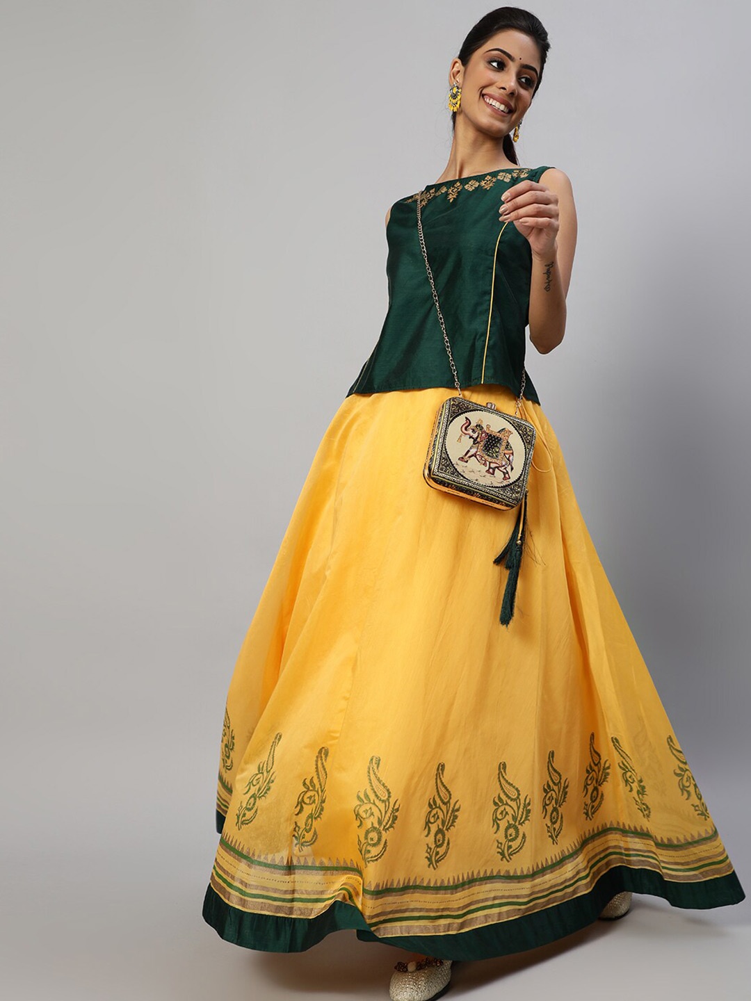 

AKS Yellow & Green Printed Ready to Wear Lehenga &