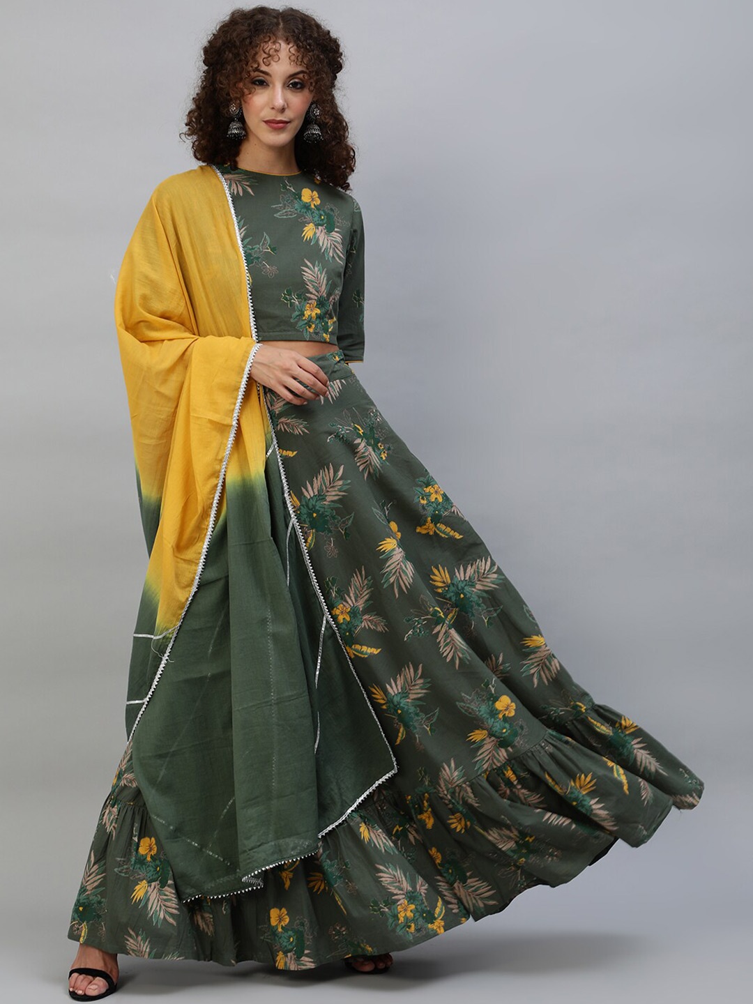 

AKS Green & Yellow Printed Ready to Wear Lehenga & Blouse With Dupatta