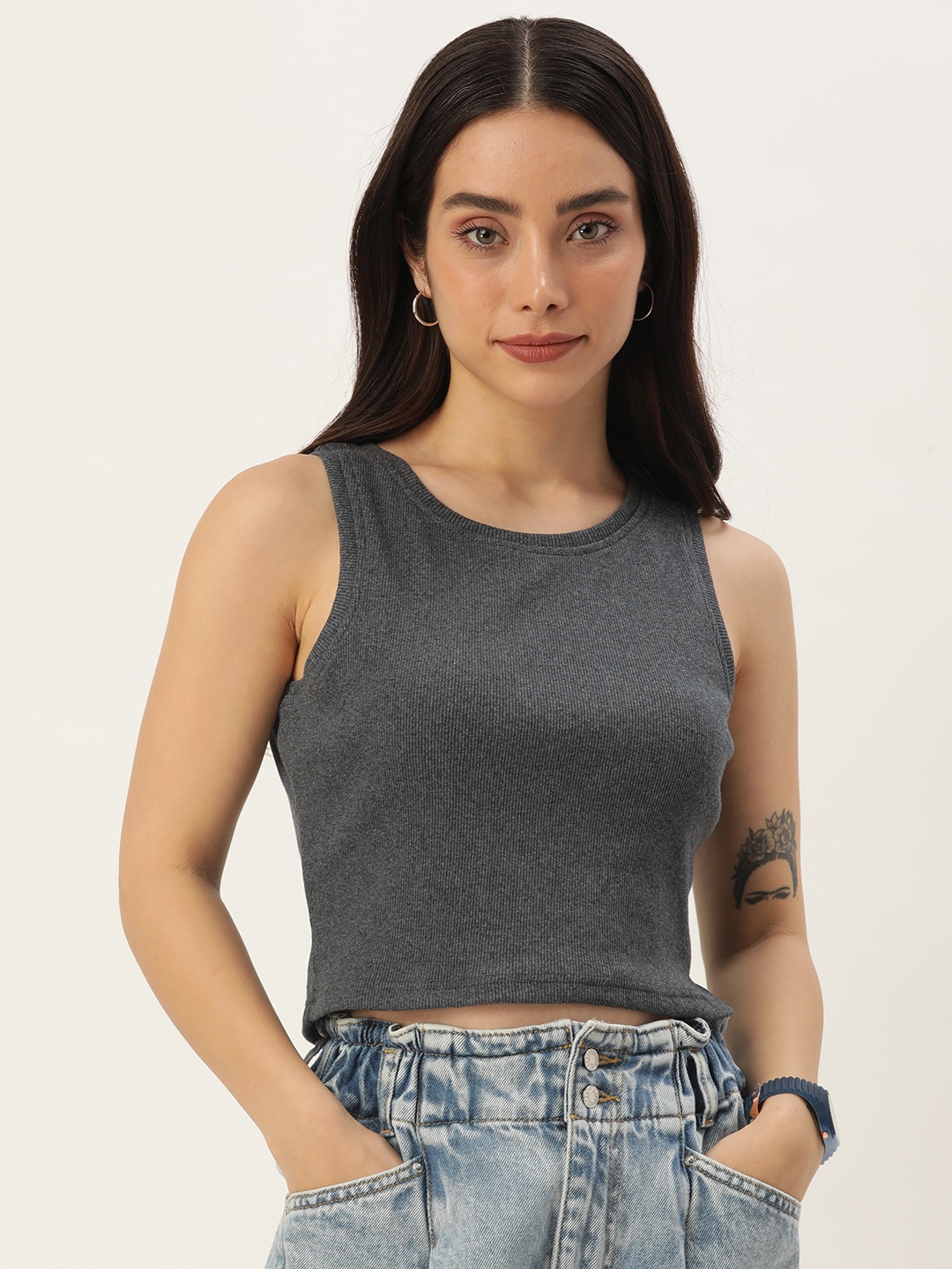 

Harvard Round Neck Tank Crop Top, Grey