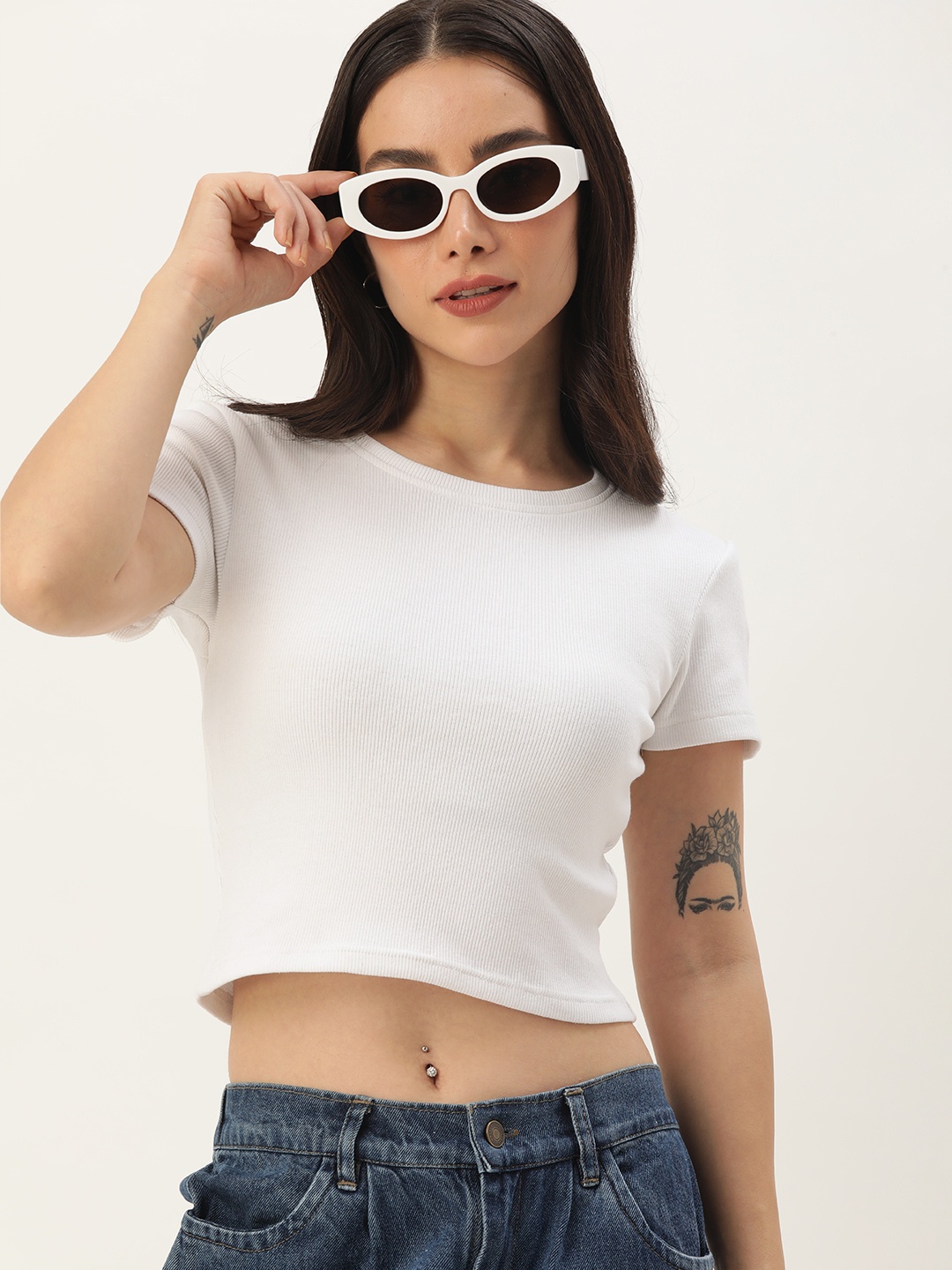 

Harvard Solid Round Neck Ribbed Crop T-shirt, White