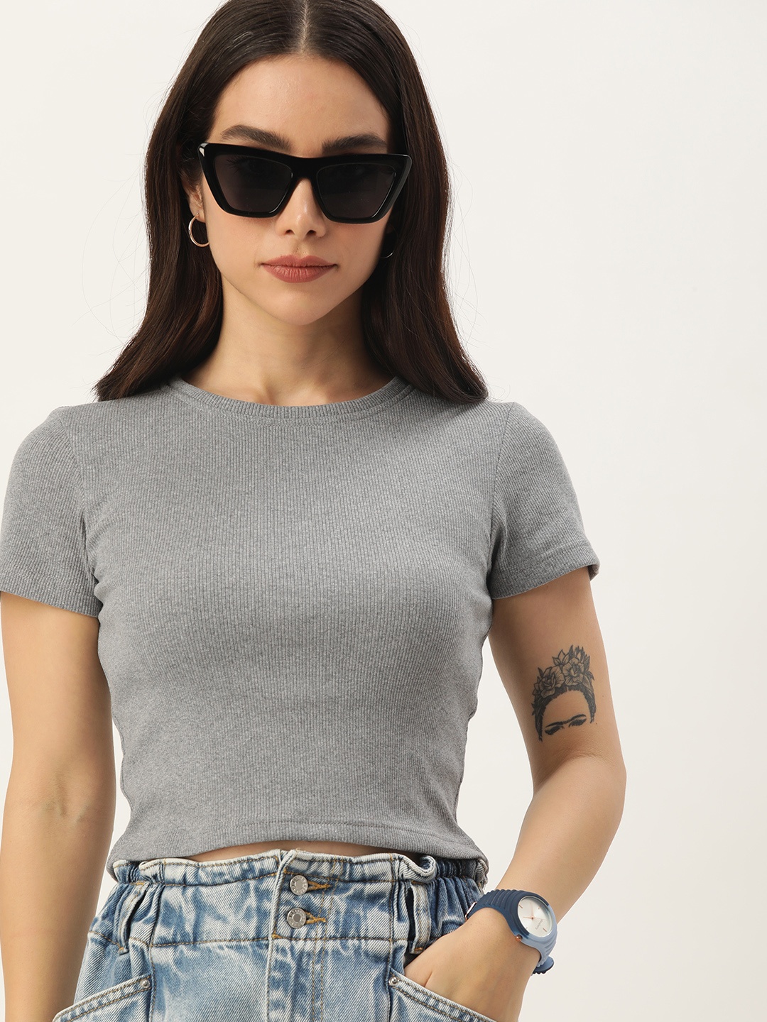 

Harvard Round Neck Crop T-shirt, Grey melange