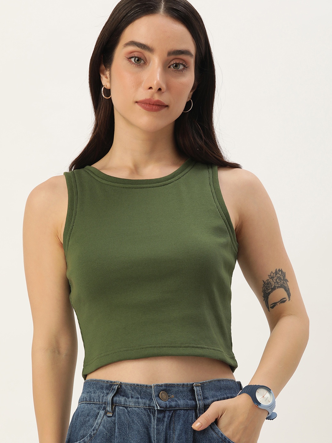 

Harvard Solid Ribbed Sleeveless Fitted Crop Top, Green