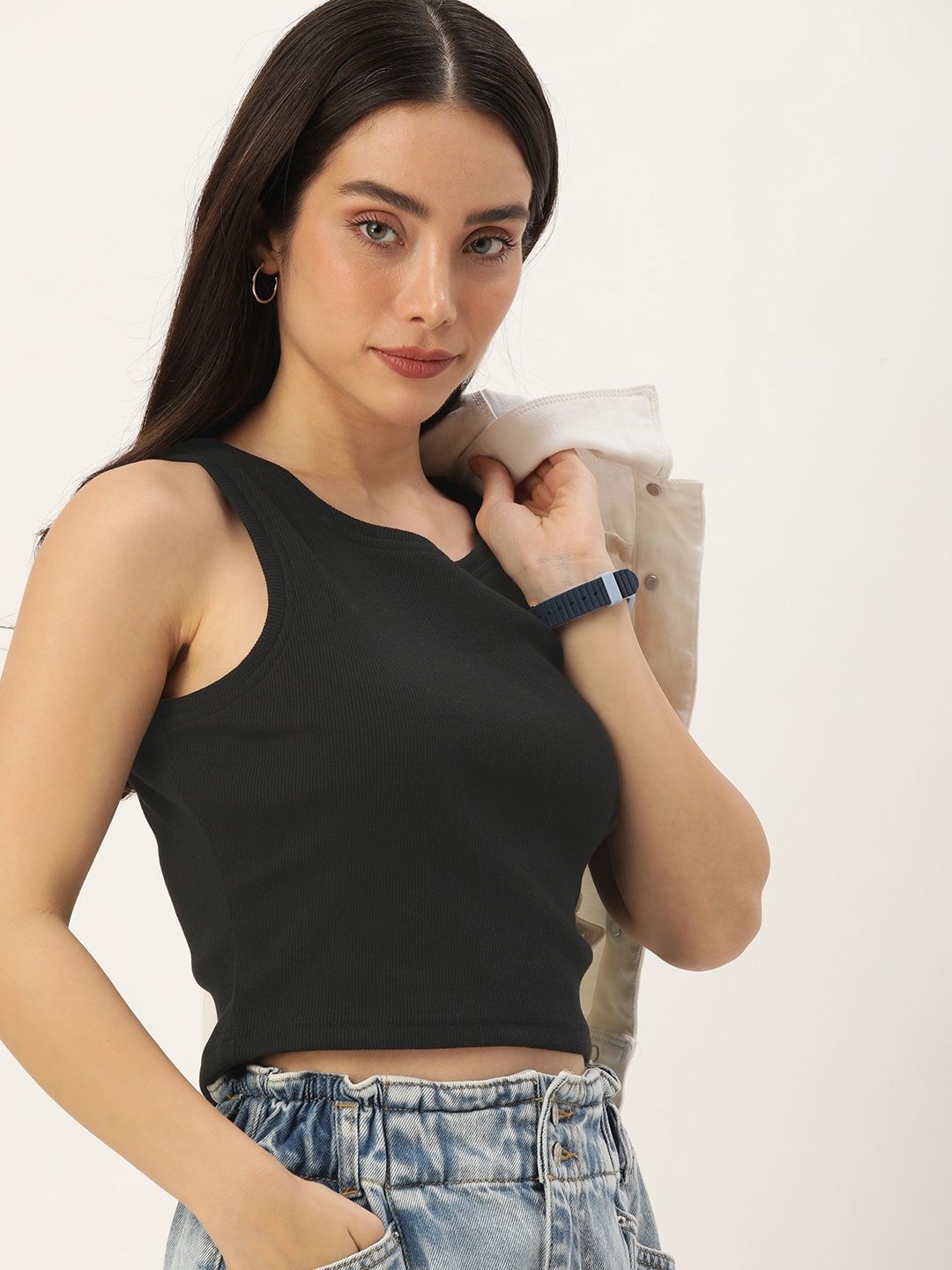 

Harvard Round Neck Tank Crop Top, Black