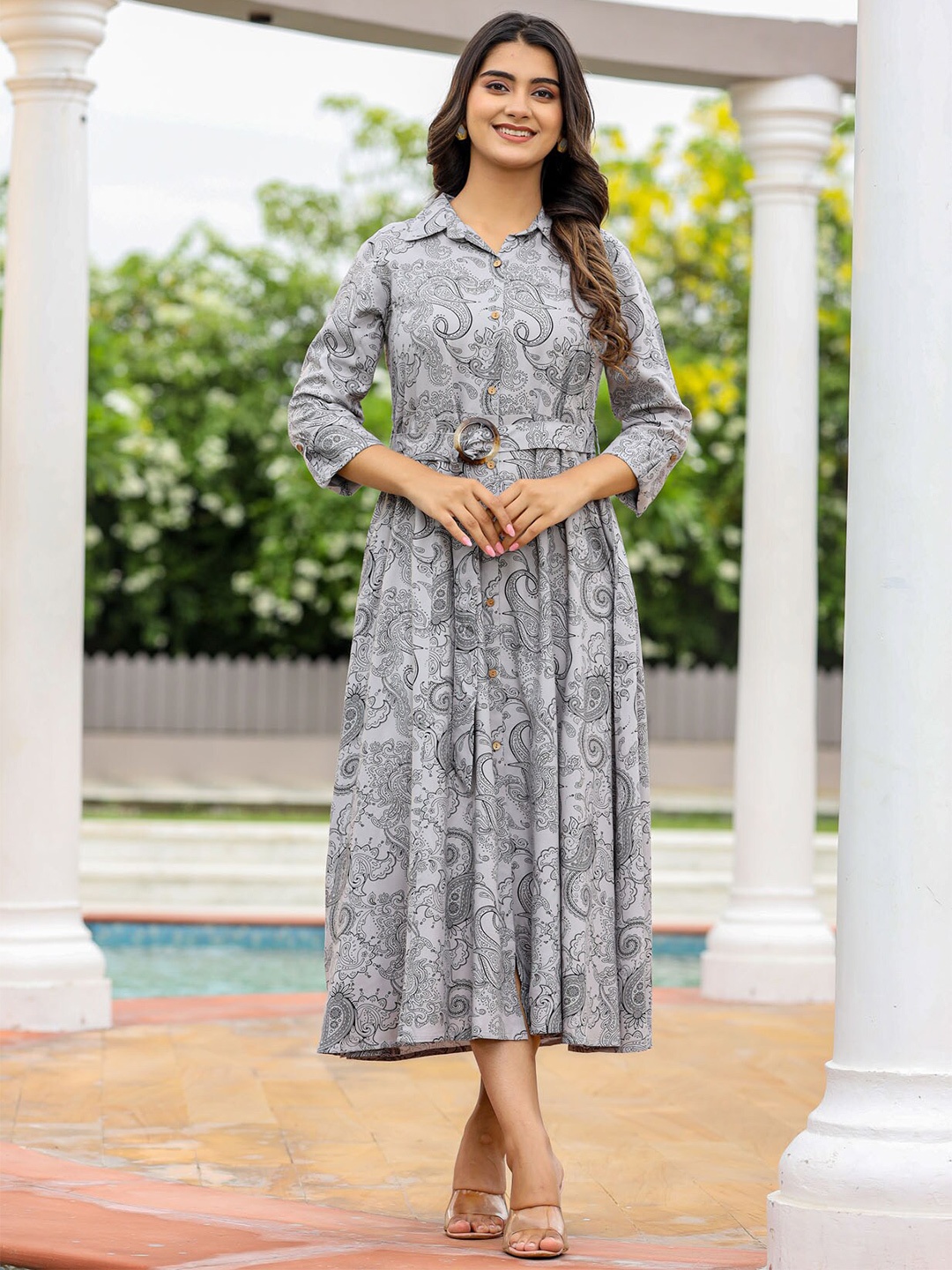 

FASHION DWAR Ethnic Motifs Printed Fit & Flare Pure Cotton Midi Dress, Grey