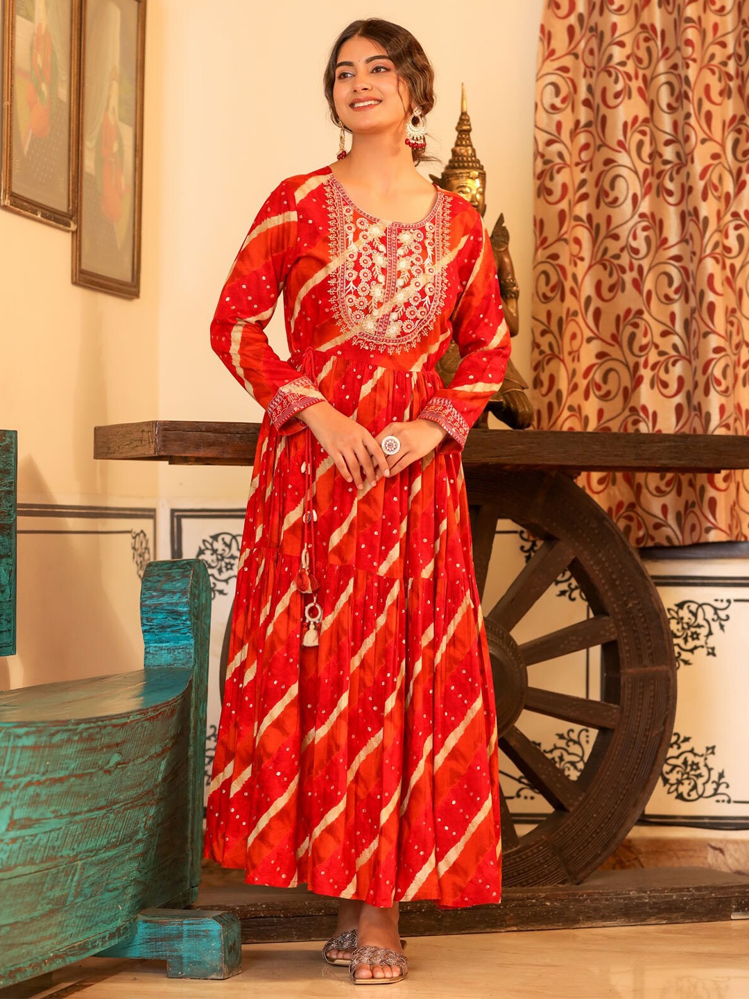 

FASHION DWAR Red Ethnic Motifs Print Maxi Dress