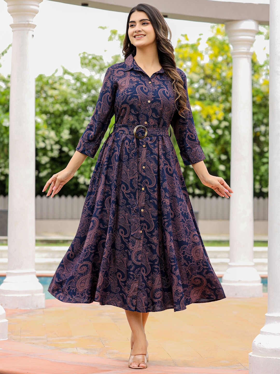 

FASHION DWAR Ethnic Motifs Printed Fit & Flare Pure Cotton Midi Dress, Purple