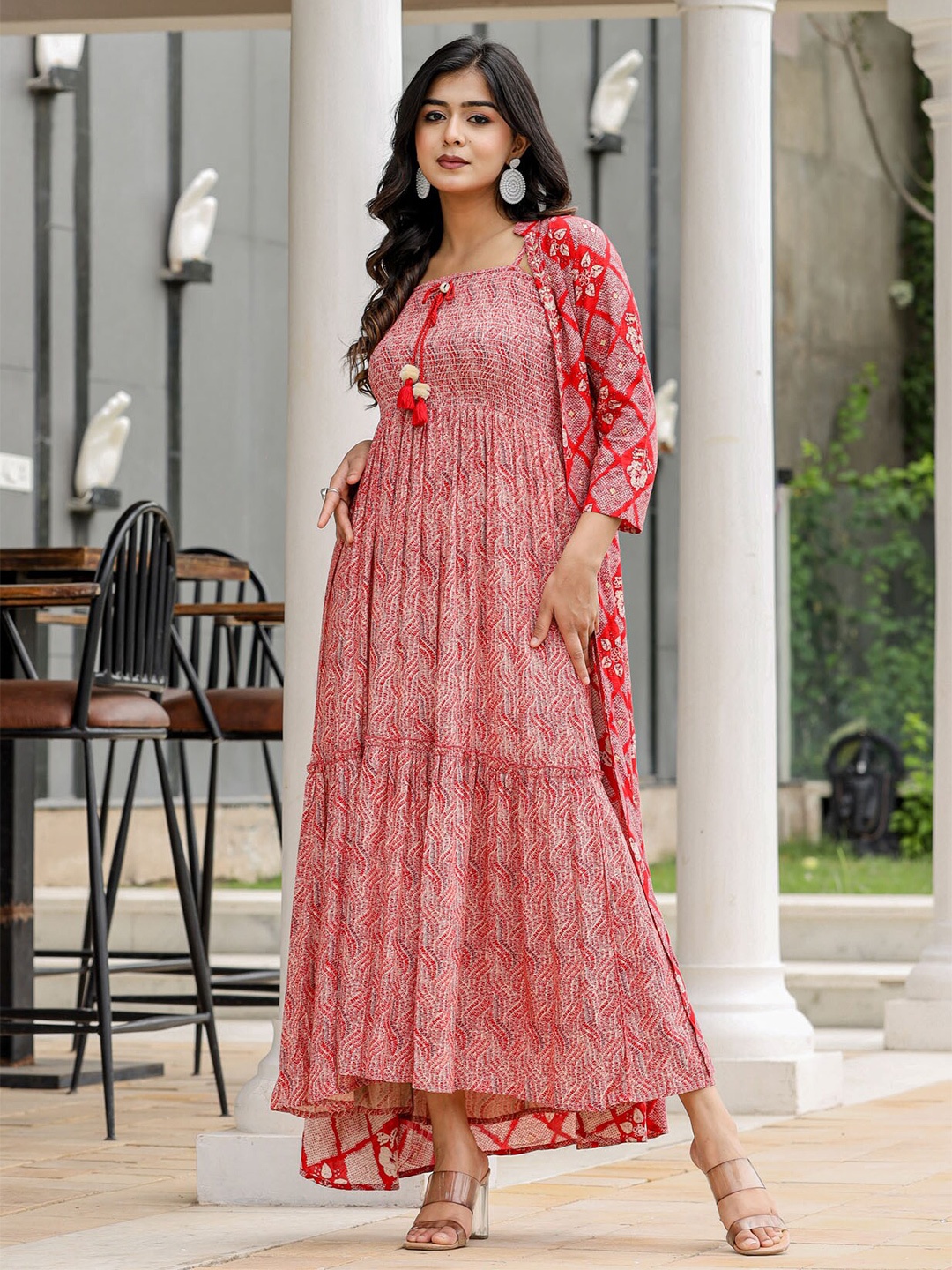 

FASHION DWAR Abstract Printed Shoulder Straps Smocked Tiered Maxi Dress With Shrug, Red
