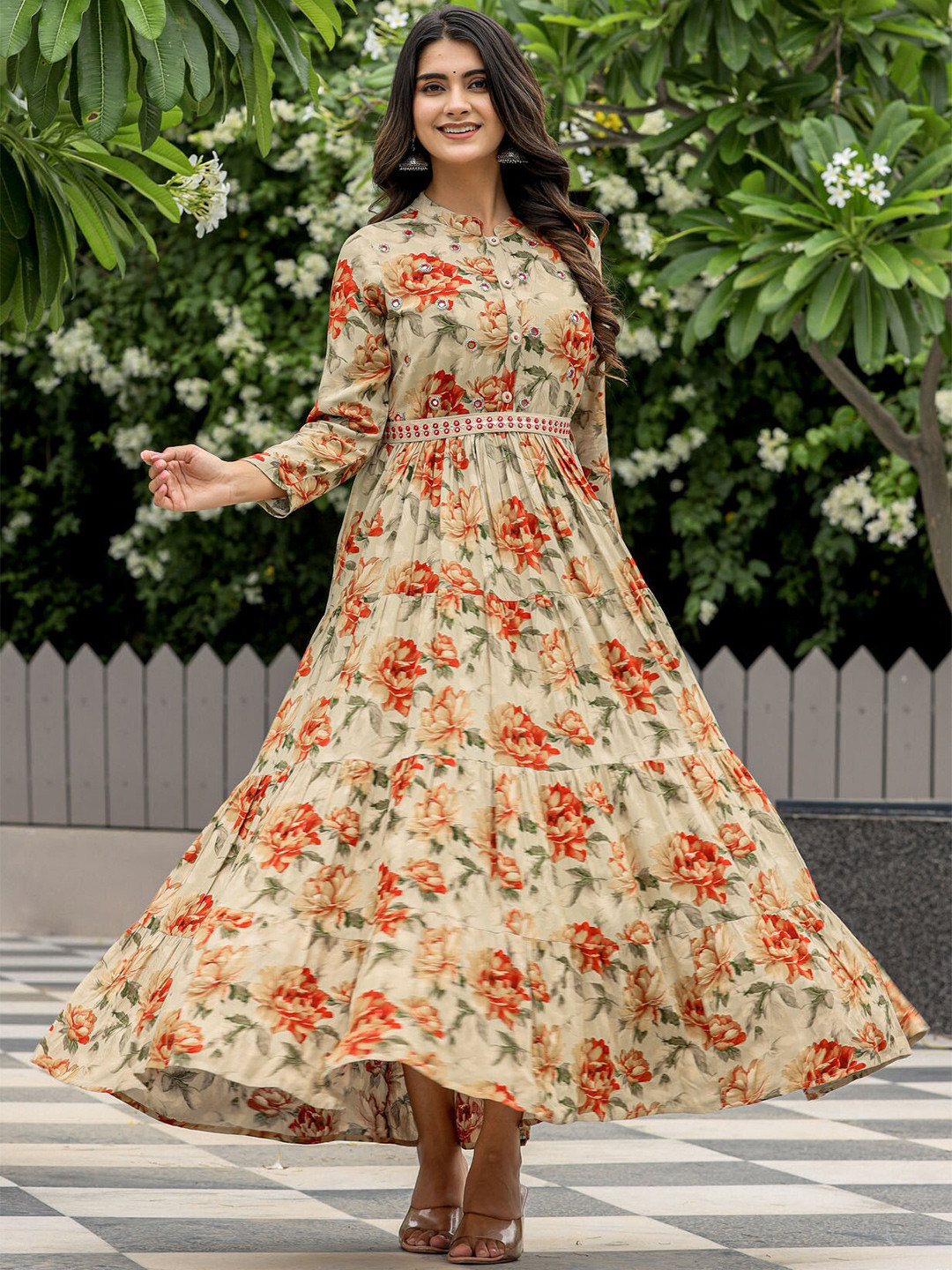 

FASHION DWAR Floral Printed Mandarin Collar Gathered Pure Cotton Fit & Flare Maxi Dress, Green
