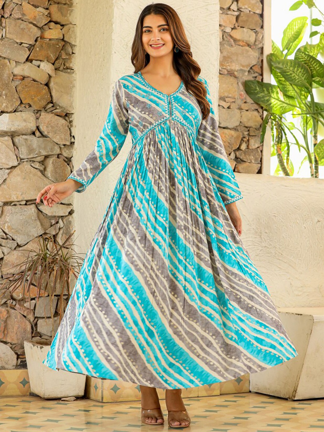 

FASHION DWAR Striped V-Neck Embroidered Detail Empire Ethnic Midi Dress, Green