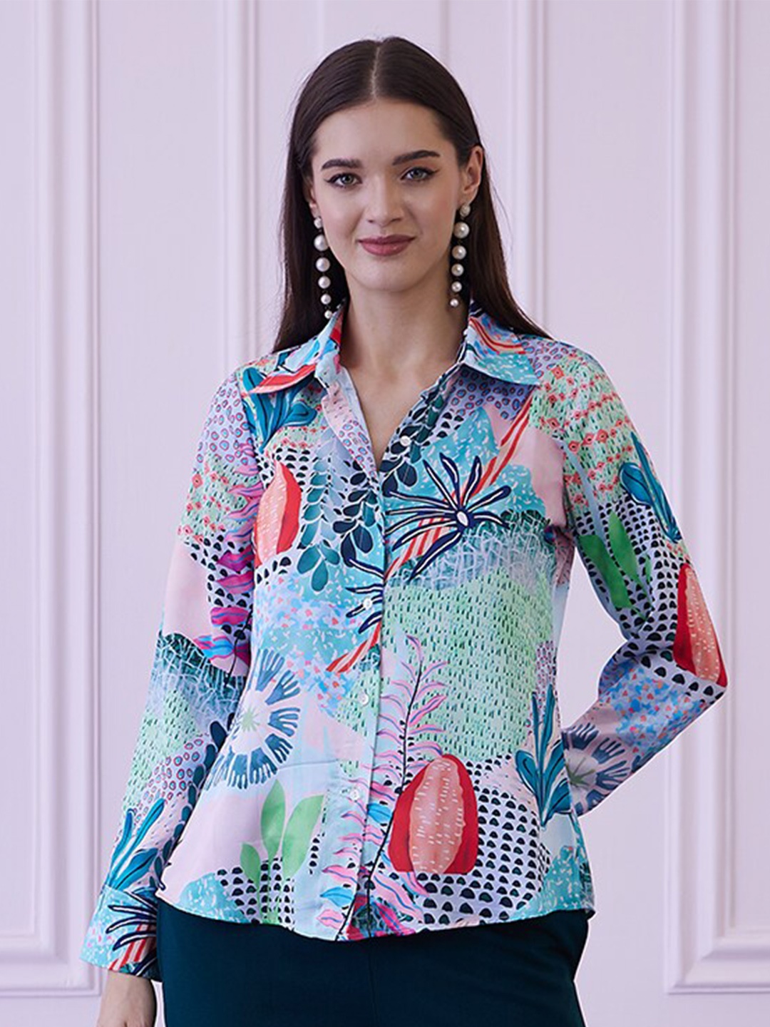 

Athena Green Floral Printed Shirt Style Top