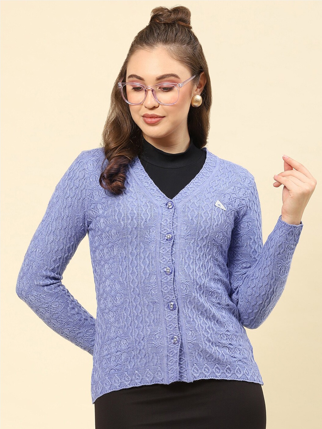 

Monte Carlo Self Design V-Neck Woollen Cardigan, Blue