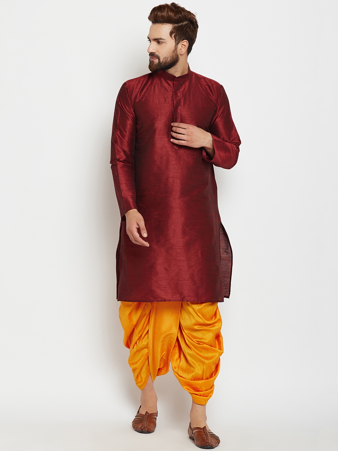 

SOJANYA Men Maroon & Mustard Solid Kurta with Dhoti Pants