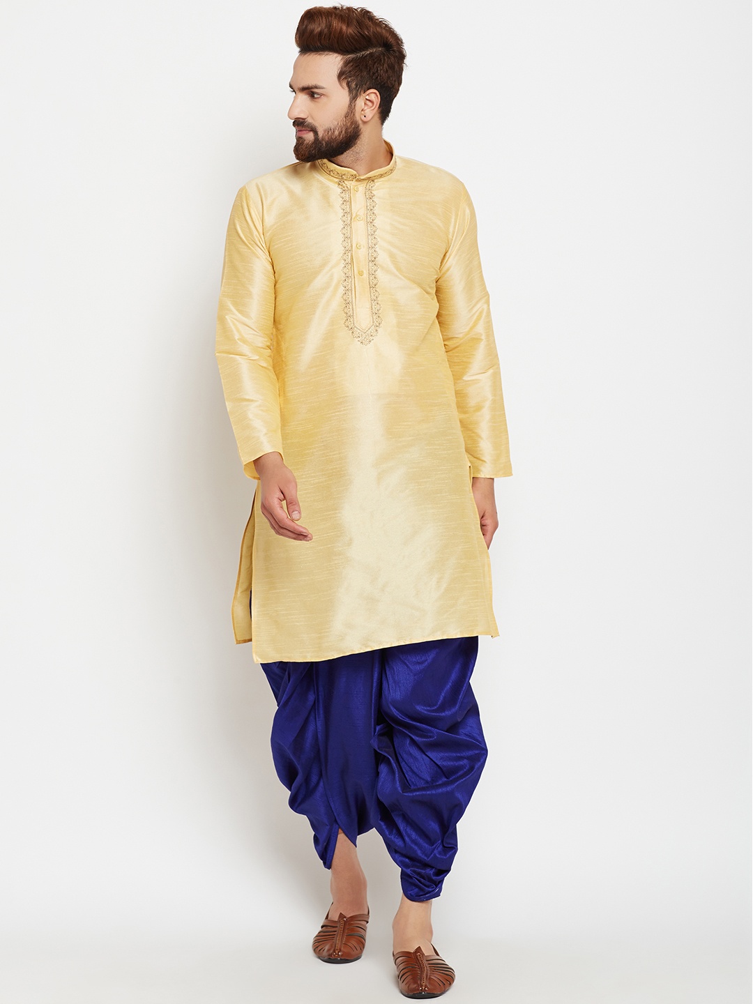 

SOJANYA Men Gold-Toned & Blue Solid Kurta with Dhoti Pants