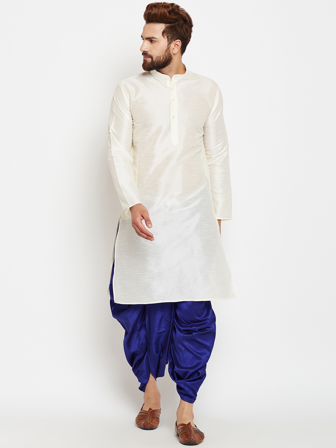 

SOJANYA Men Off-White & Blue Solid Kurta with Dhoti Pants