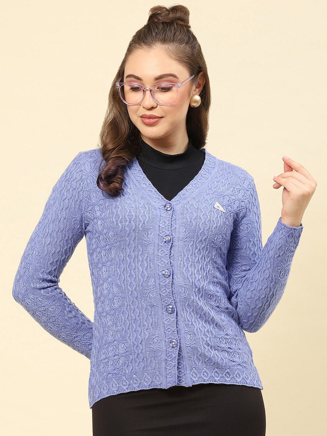 

Monte Carlo Women Self Design Cable Knit Woollen Cardigan, Blue