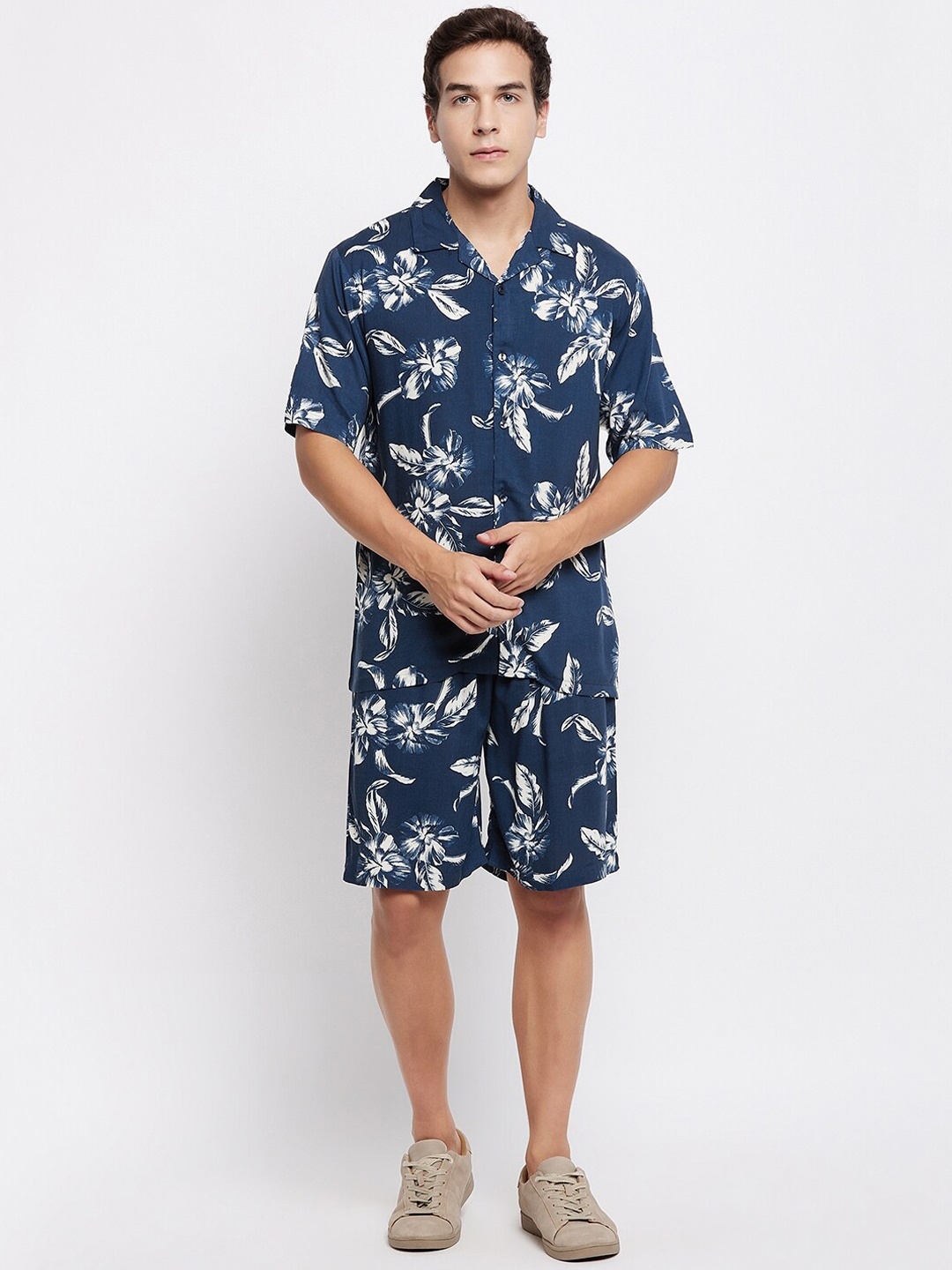 

QUBIC Printed Shirt & Shorts, Navy blue