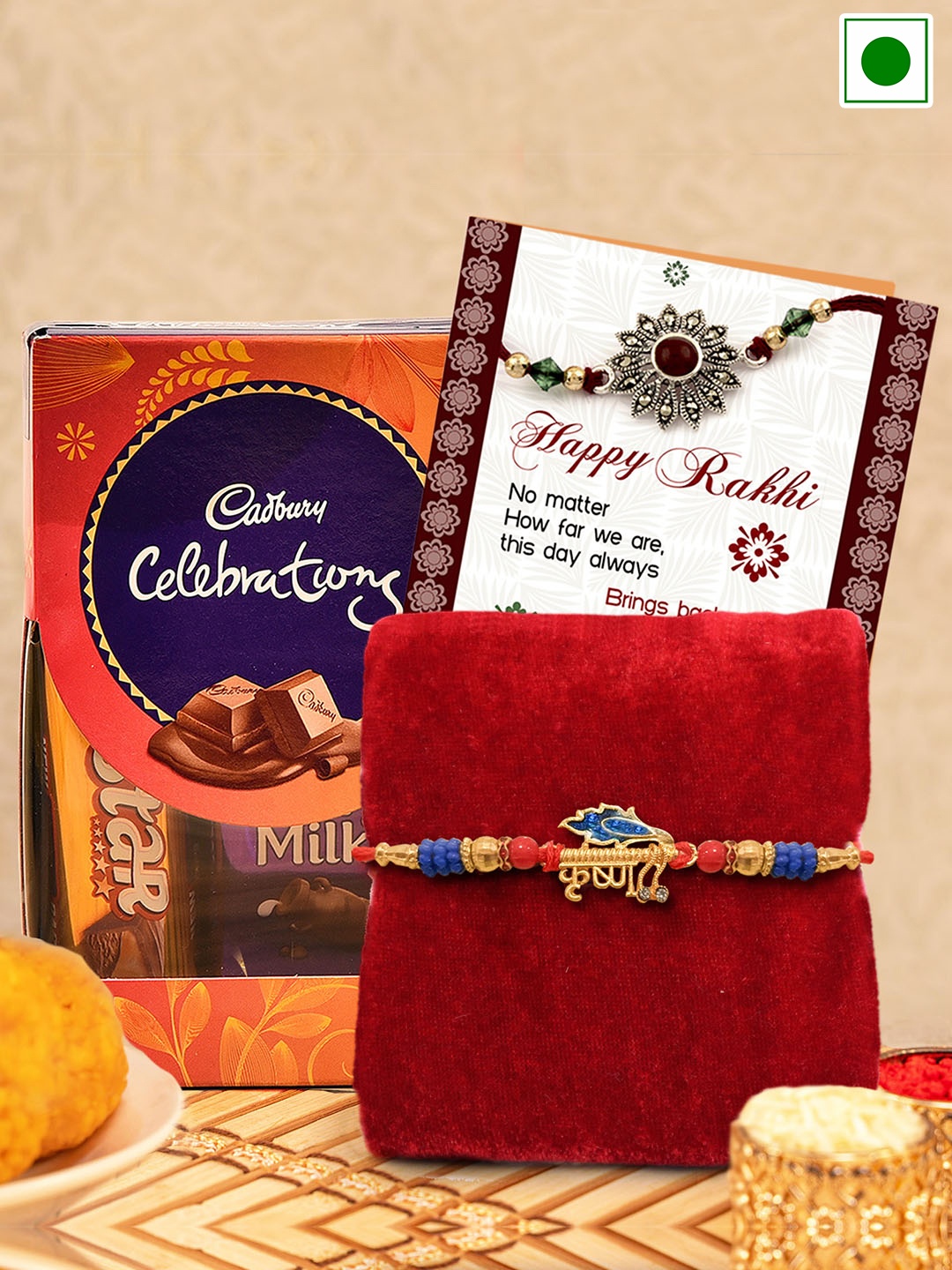 

TIED RIBBONS Krishna Rakhi with Chocolate Card & Roli Chawal Gift Pack, Gold