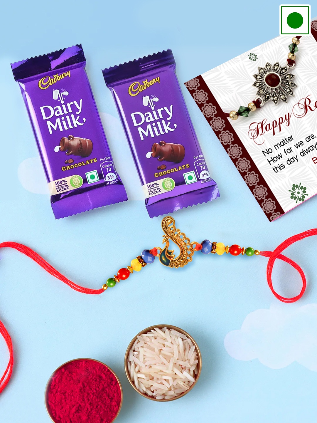 

TIED RIBBONS Peacock Charm Rakhi With Dairy Milk Chocolates Gift Set, Gold