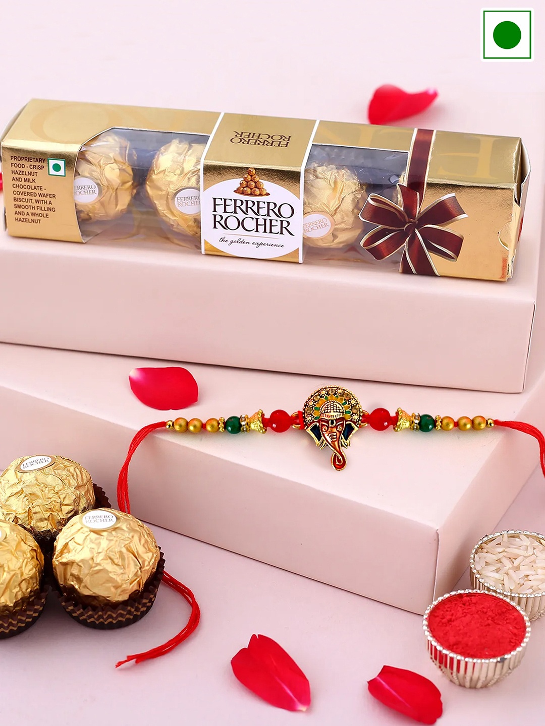 

TIED RIBBONS Ganesh Charm Rakhi With Ferrero Rocher Chocolate Box Gift Set, Gold