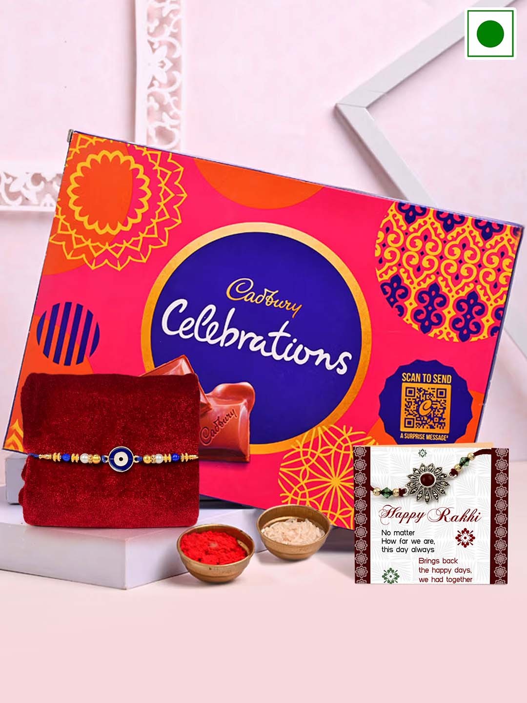 

TIED RIBBONS Evil Eye Rakhi with Chocolate Box, Card & Roli Chawal Combo Gift, Blue