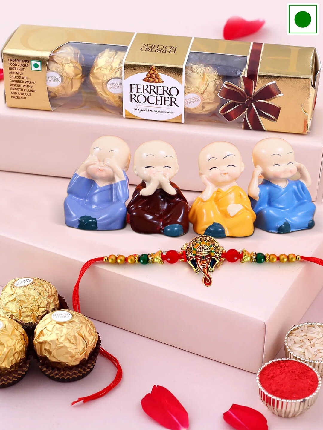 

TIED RIBBONS Ganesh Charm Rakhi With Mini Monk Showpieces & Chocolate Gift Set, Gold
