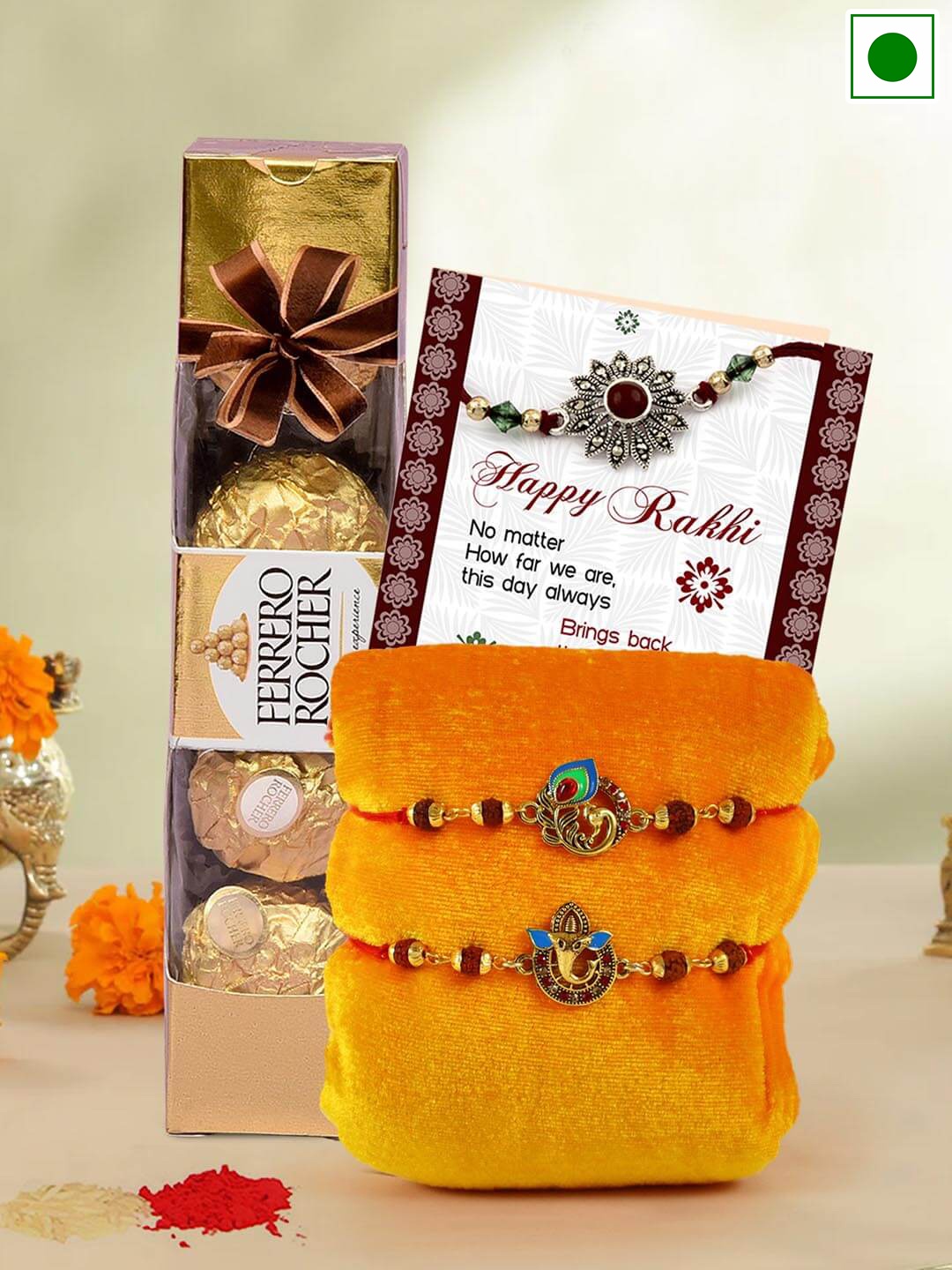 

TIED RIBBONS Set Of 2 Rudraksh Rakhis With Ferrero Rocher Chocolate Gifts Set, Gold