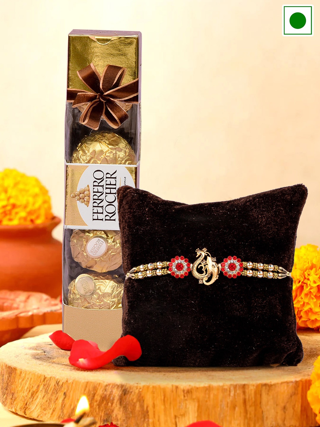 

TIED RIBBONS Ganesh Rakhi with Ferrero Rocher Chocolate Box Gift Set, Gold