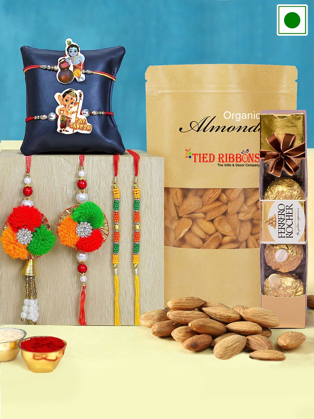 

TIED RIBBONS Set Of 6 Family Rakhis With Chocolate & Almonds Gift Set, Gold