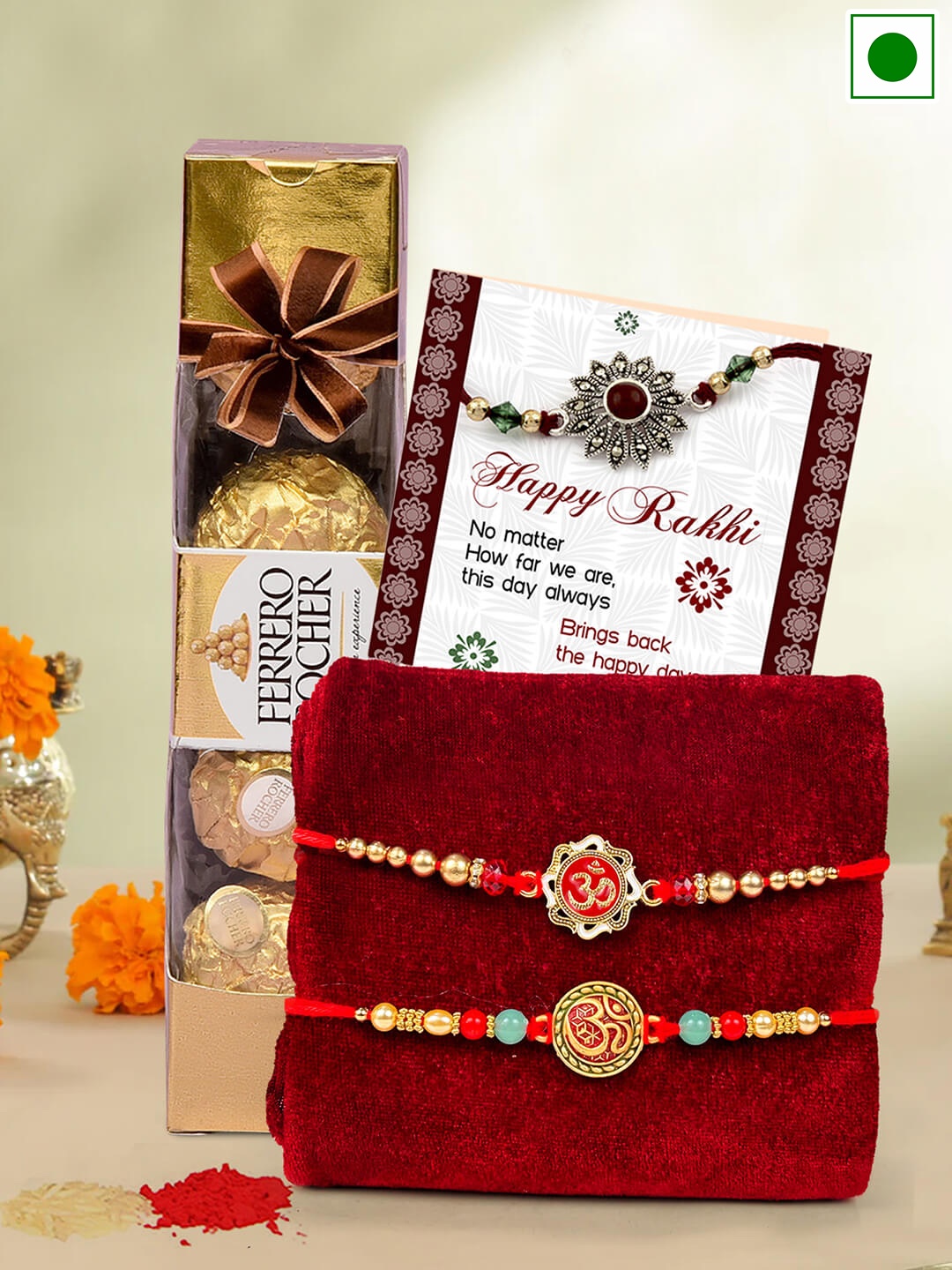 

TIED RIBBONS Set Of 2 Om Design Beaded Rakhi With Ferrero Rocher Chocolate Gifts 50g, Gold