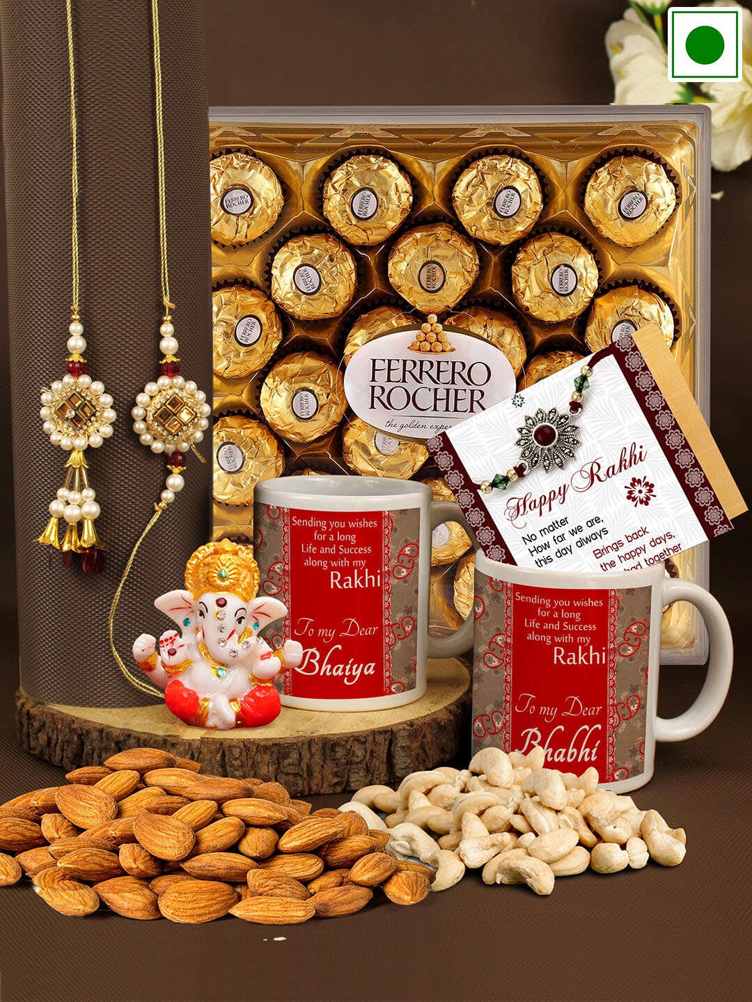 

TIED RIBBONS Set Of 2 Beaded Rakhi Chocolate Set Ganesh Idol Mugs Almonds & Cashew Gifts, Gold