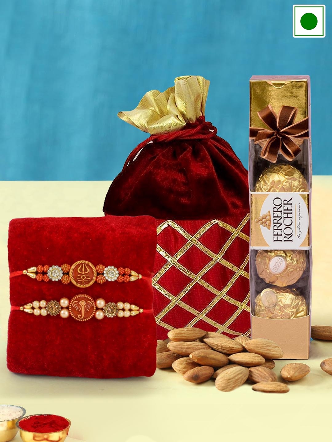 

TIED RIBBONS Set Of 2 Om & Trishul Rakhi With Almonds & Ferrero Rocher Chocolate Gifts, Gold