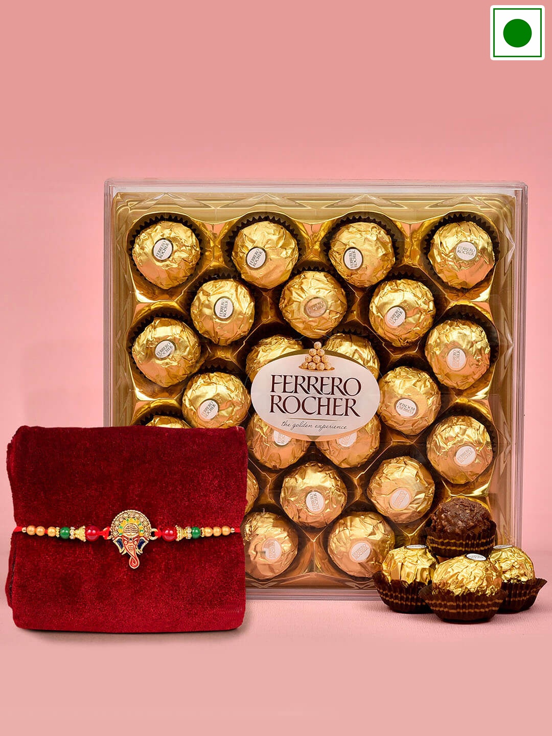 

TIED RIBBONS Ganesha Chram Rakhi With Ferrero Rocher Chocolate Gifts Set, Red