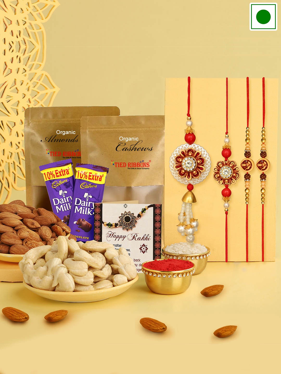 

TIED RIBBONS Set Of 4 Rakhi With Chocolate & Dryfruits Gift Set, Red