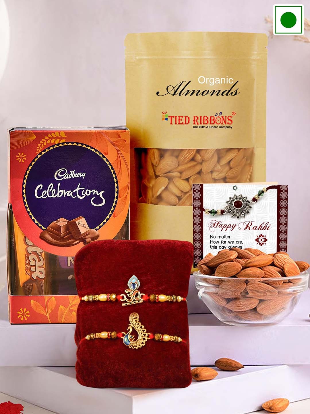 

TIED RIBBONS Set Of 2 Rakhi With Chocolate & Dryfruit Gift Set, Red