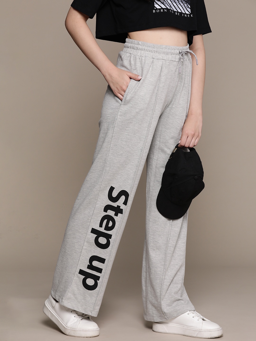 

The Roadster Lifestyle Co. Women Wide Leg Printed Track Pants, Grey melange