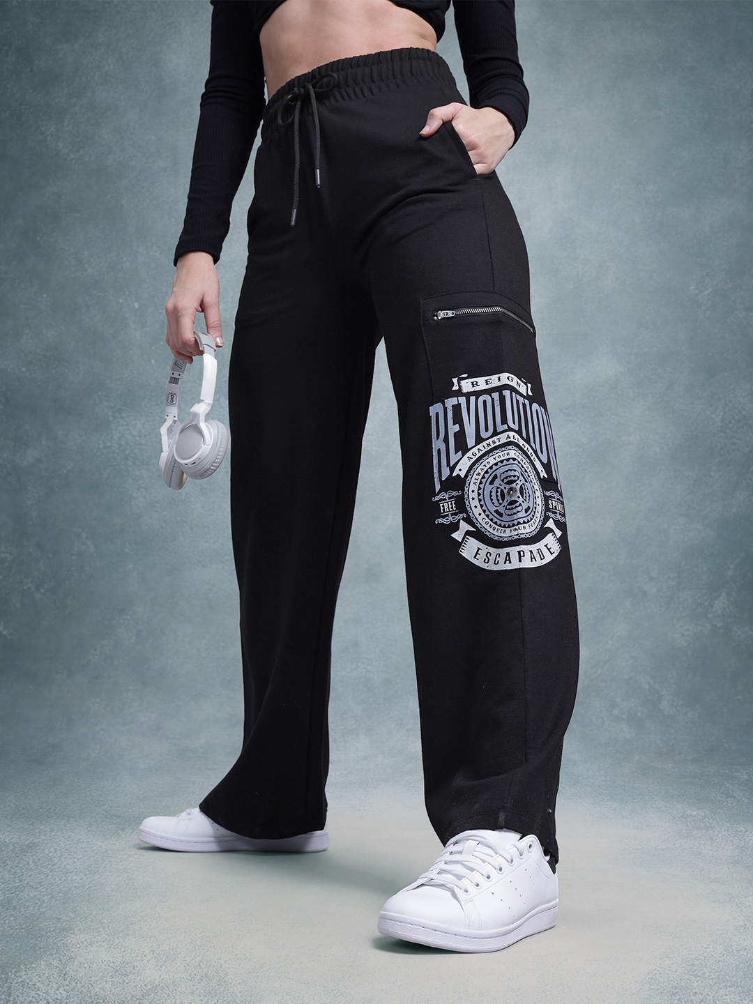 

The Roadster Life Co. X RE/LAX Women Typography Printed Wide Leg Track Pants, Black