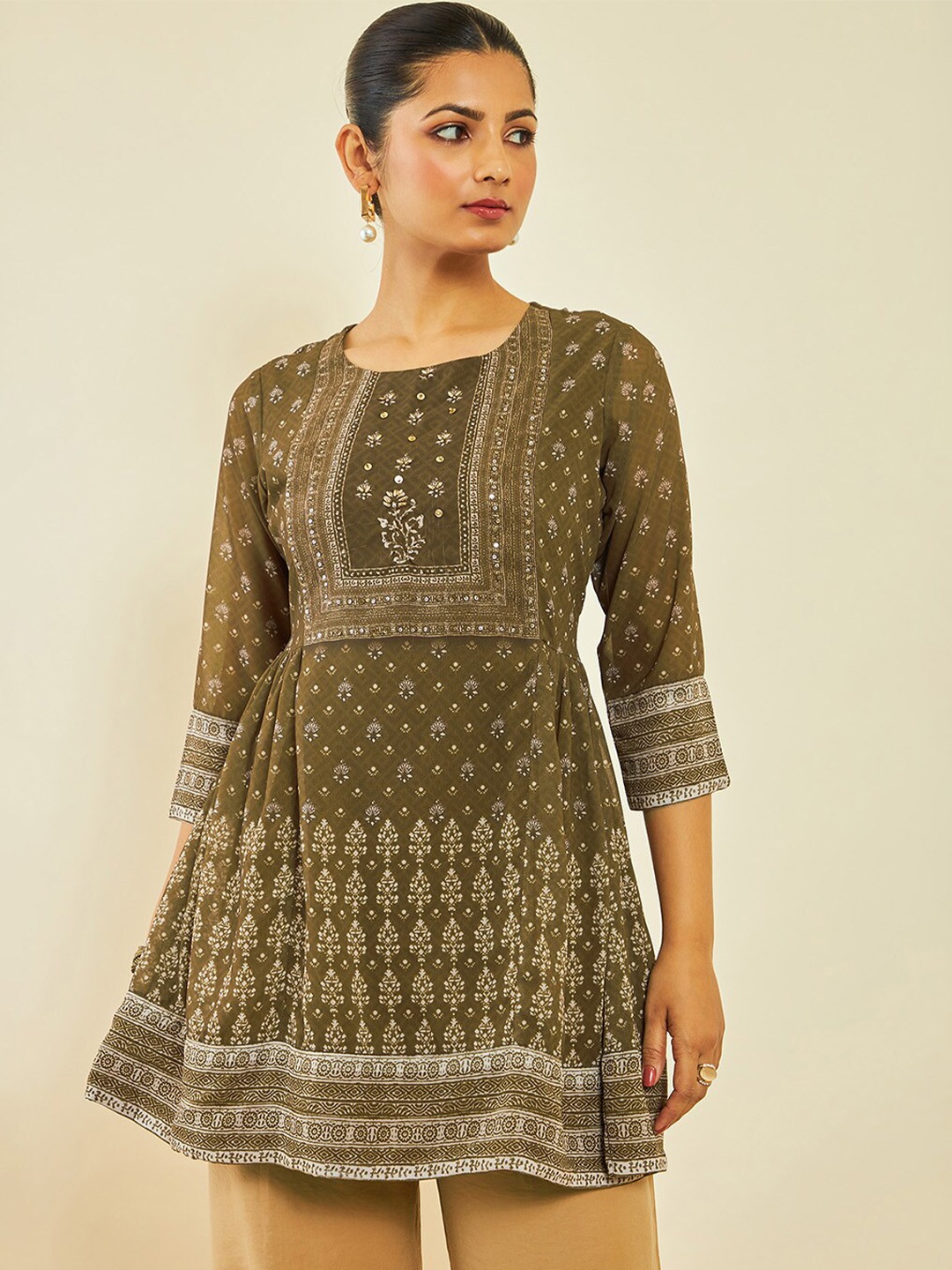 

Soch Ethnic Motif Printed A--Line Kurti, Olive