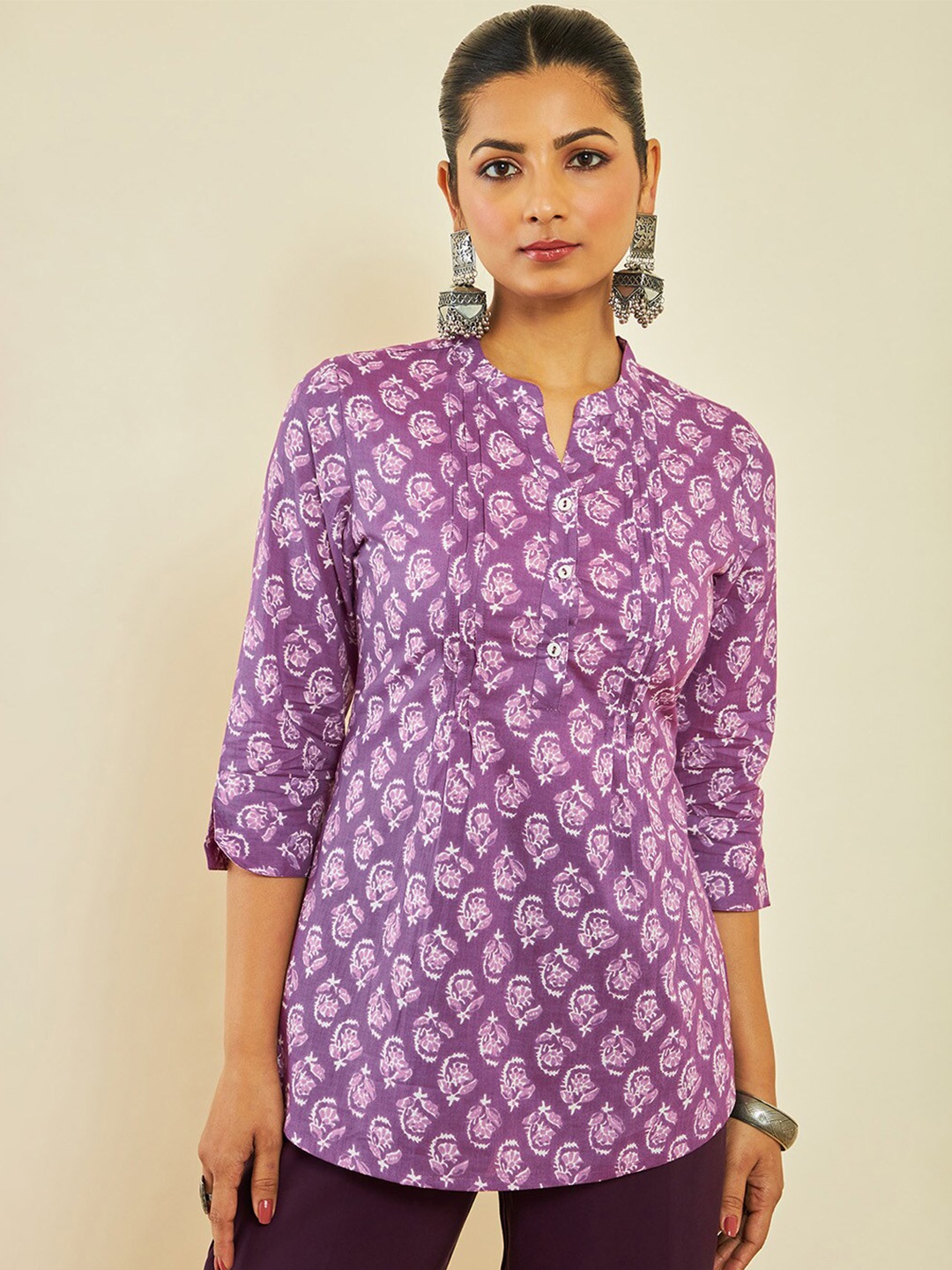 

Soch Ethnic Motif Printed Mandarin Collar Cotton Tunic, Purple