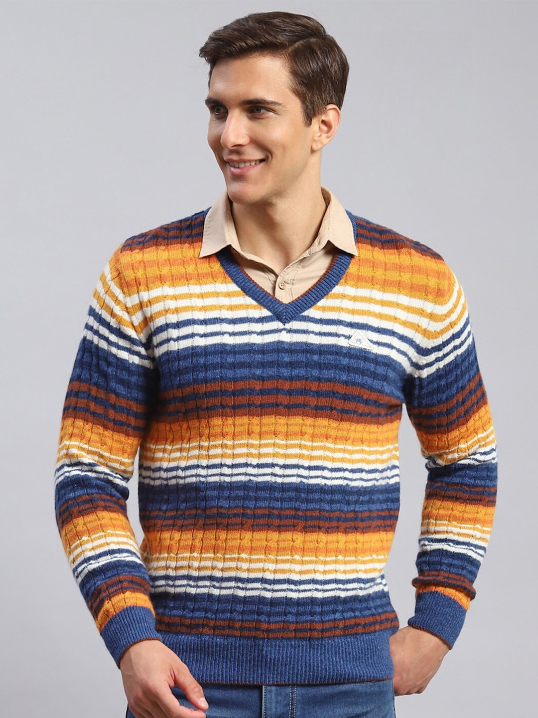 

Monte Carlo Cable Knit Striped Woollen Pullover, Orange