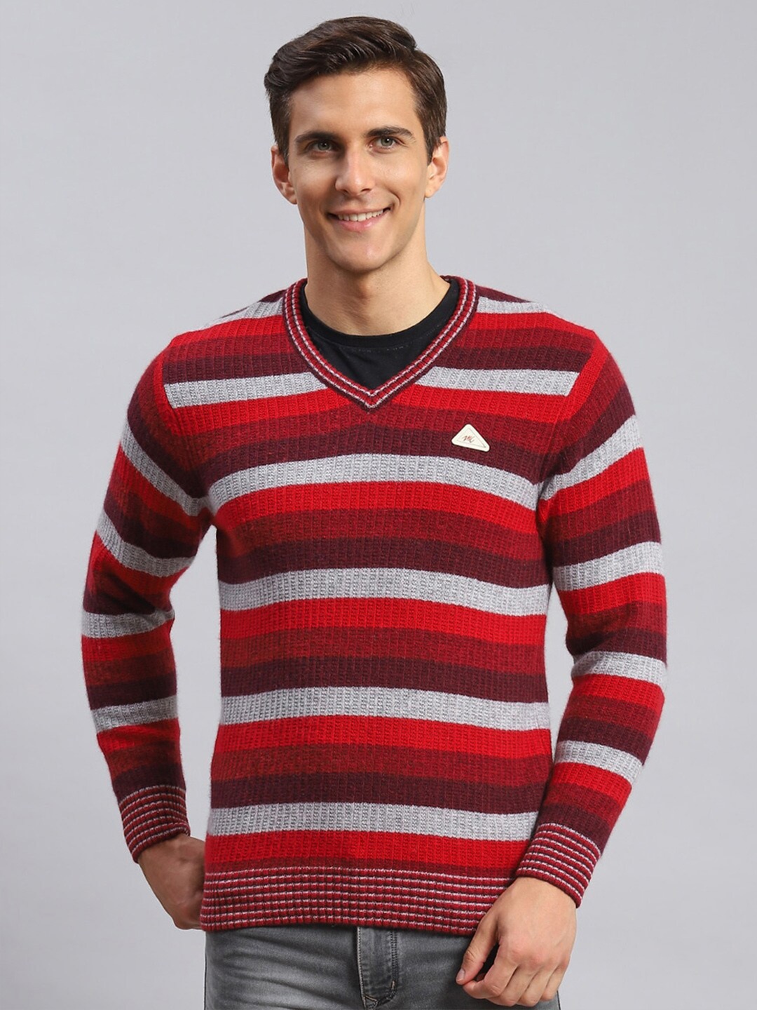 

Monte Carlo Striped V-Neck Wool Pullover Sweater, Red